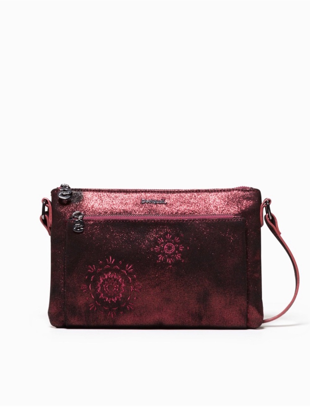Desigual Brilli Toulouse Messenger Metallic Maroon Mandala Accent Crossbody Bag